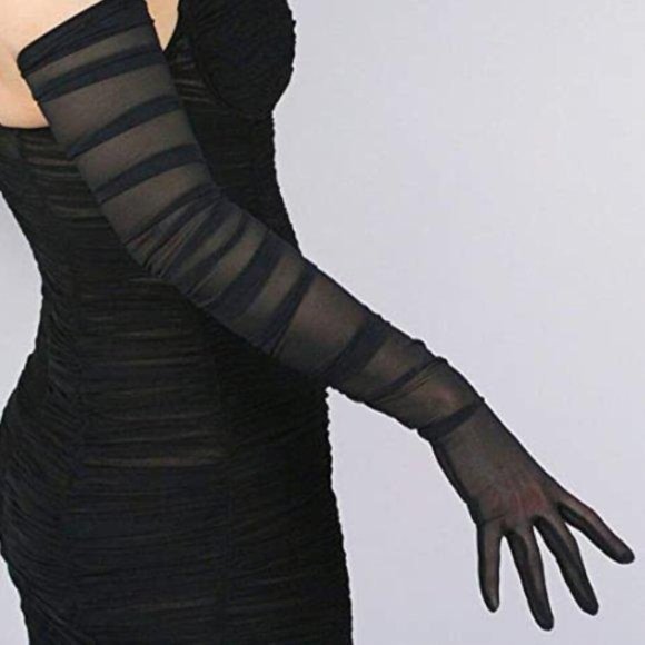 Sheer Black Gloves Ruched Design - Picture 2 of 4